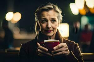 une femme en portant une tasse de café. généré par ai photo