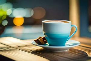 une tasse de café sur une en bois tableau. généré par ai photo