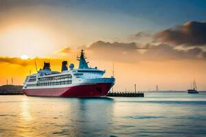 une croisière navire dans le océan à le coucher du soleil. généré par ai photo