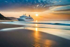 une croisière navire sur le plage à le coucher du soleil. généré par ai photo