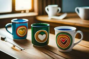 Trois café des tasses avec cœurs peint sur eux. généré par ai photo