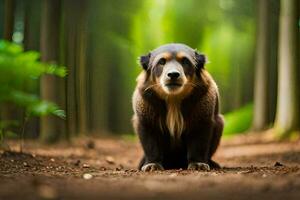 une ours séance dans le milieu de une forêt. généré par ai photo