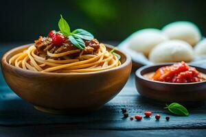 spaghetti avec Viande et tomate sauce dans une en bois bol sur une foncé tableau. généré par ai photo