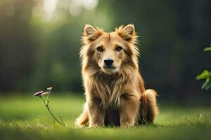 une chien séance dans le herbe avec une fleur. généré par ai photo