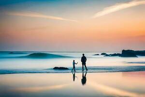 une homme et le sien enfant supporter sur le plage à le coucher du soleil. généré par ai photo