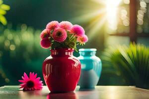 deux des vases avec rose fleurs sur une tableau. généré par ai photo