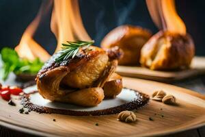 une assiette avec poulet et des légumes sur Feu. généré par ai photo