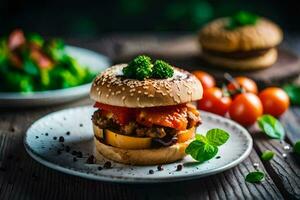 une Hamburger avec des légumes et tomates sur une plaque. généré par ai photo