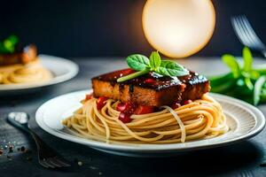 une assiette de spaghetti avec Viande et sauce. généré par ai photo