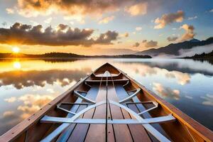 le bateau est sur le Lac à le coucher du soleil. généré par ai photo