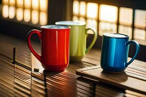 Trois coloré café des tasses séance sur une en bois tableau. généré par ai photo