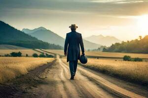 une homme dans une costume des promenades vers le bas une saleté route. généré par ai photo