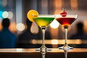 deux coloré des cocktails sur une bar. généré par ai photo