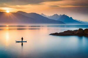 une homme dans une canoë est permanent sur le l'eau à le coucher du soleil. généré par ai photo