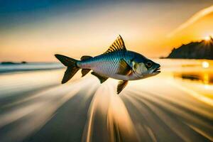 une poisson sauter en dehors de le l'eau à le coucher du soleil. généré par ai photo