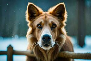 une marron chien à la recherche plus de une en bois clôture. généré par ai photo