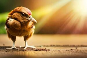une petit oiseau avec une rouge tête permanent sur une en bois sol. généré par ai photo