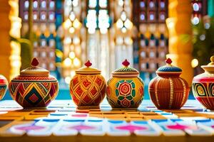 coloré des pots et des vases sur une tableau. généré par ai photo