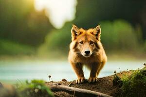 une rouge Renard permanent sur une Journal dans de face de une lac. généré par ai photo