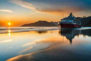 une croisière navire sur le plage à le coucher du soleil. généré par ai photo