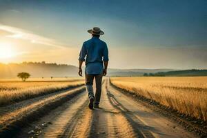 une homme dans une chapeau des promenades vers le bas une saleté route à le coucher du soleil. généré par ai photo