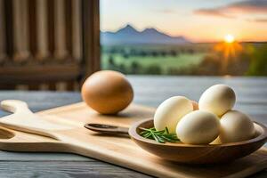 des œufs dans une bol sur une table avec une vue de le montagnes. généré par ai photo
