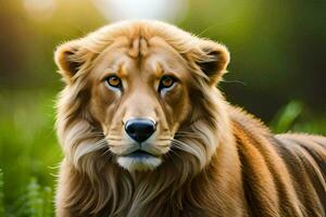 une Lion est permanent dans le herbe. généré par ai photo