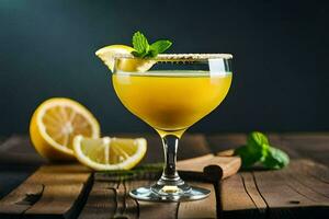 une cocktail avec citron et menthe sur une en bois tableau. généré par ai photo