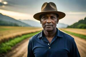 une homme dans une chapeau permanent dans une champ. généré par ai photo