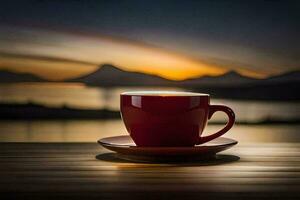 café tasse sur le tableau, le coucher de soleil, le mer, le montagnes, le ciel,. généré par ai photo