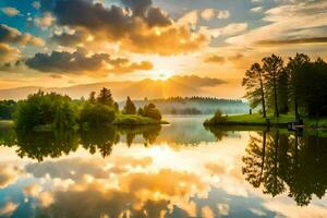 le coucher du soleil plus de une Lac avec des arbres et une forêt. généré par ai photo