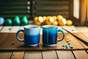 deux café tasses sur une en bois tableau. généré par ai photo