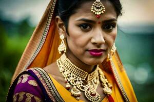 une magnifique Indien femme portant une traditionnel de mariée tenue. généré par ai photo