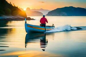 une homme dans une bateau sur le l'eau à le coucher du soleil. généré par ai photo