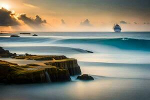 une croisière navire voiles par le vagues à le coucher du soleil. généré par ai photo