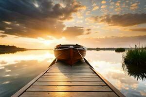 une bateau est assis sur une Dock à le coucher du soleil. généré par ai photo