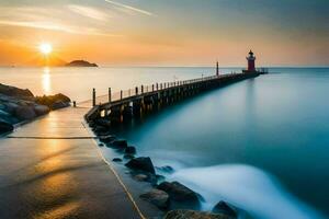 une longue jetée avec une phare à le coucher du soleil. généré par ai photo