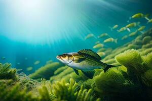 photo fond d'écran mer, poisson, le soleil, le mer, le soleil, le mer, le. généré par ai