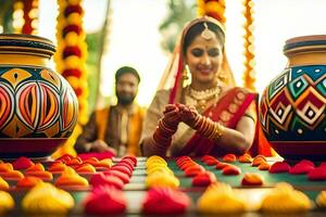 une la mariée et jeune marié dans traditionnel Indien tenue. généré par ai photo