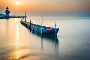 une bateau est amarré à le fin de une jetée à le coucher du soleil. généré par ai photo