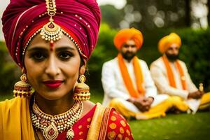 une femme dans traditionnel Indien tenue avec sa mari et deux les enfants. généré par ai photo