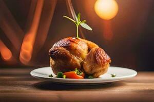 une poulet sur une assiette avec une vert feuille. généré par ai photo