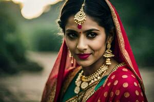 magnifique Indien la mariée dans rouge sari. généré par ai photo