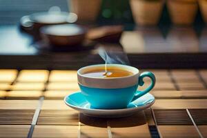 une tasse de thé sur une en bois tableau. généré par ai photo