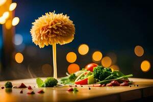 une fleur sur une en bois table avec aliments. généré par ai photo