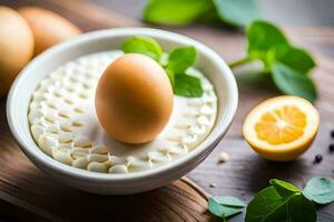 des œufs dans une bol avec citron et herbes. généré par ai photo