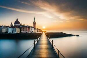 une jetée avec une église à le coucher du soleil. généré par ai photo