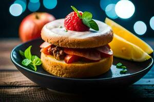 une sandwich avec des fraises et une tranche de citron. généré par ai photo