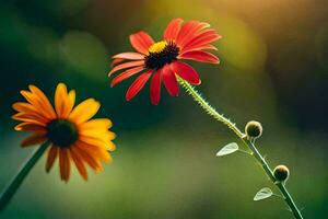 deux rouge fleurs sont permanent dans de face de une vert Contexte. généré par ai photo