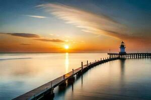 une phare des stands sur une jetée à le coucher du soleil. généré par ai photo